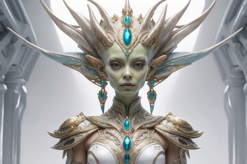 Elegant fantasy elf queen with ornate headdress and armor.