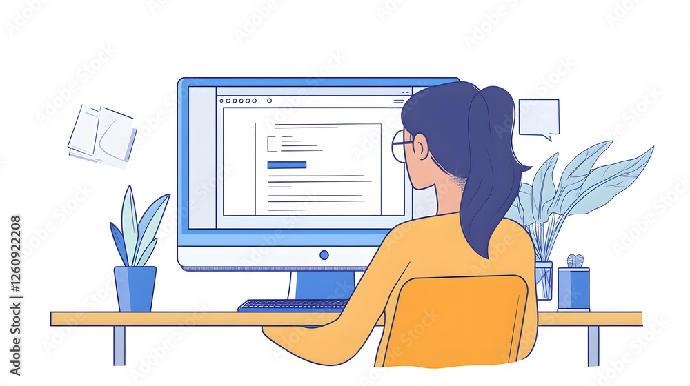 Poster young professional woman multitasking at desk with computer in modern office environment focused on 