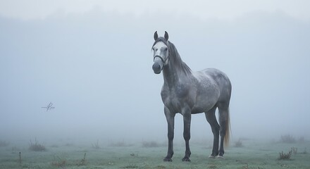 A beautiful dapple gray horse standing in a foggy morning landscape.