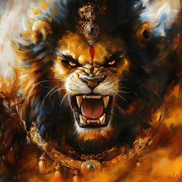 Mesmerizing Lord Narasimha Avatar - Fierce Mythological Battle Scene Painting