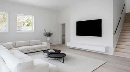 Modern living room with sectional sofa, tv, and stairs. Interior design