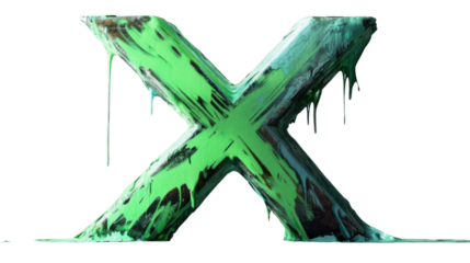 Green paint dripping from a large wooden x on transparent background