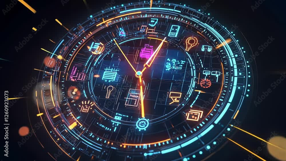 Poster futuristic clock face with glowing icons representing smart home devices and applications, symbolizi