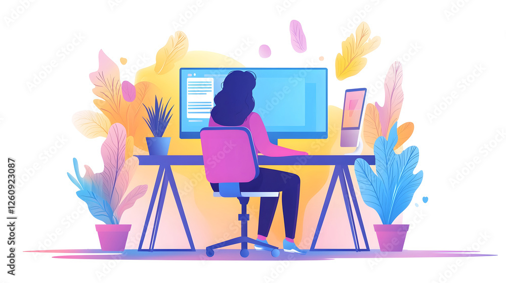 Poster young woman sitting at minimalist desk working on computer browsing the internet researching or stud