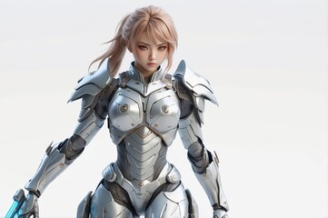 Female cyborg in futuristic armor, serious expression.