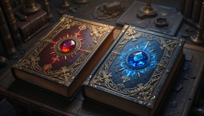 Old library with two magical books on a desk, intricate gold designs, ruby and sapphire gems, glowing aura.