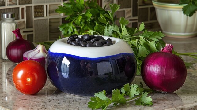 Fresh vegetables herbs with black olives in ceramic bowl