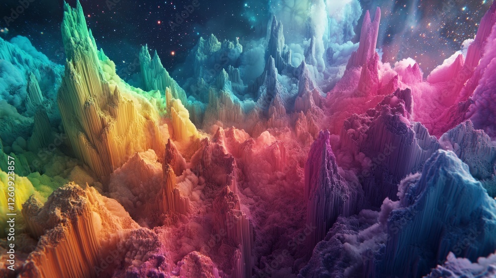 Poster an extraordinary abstract realm unfolds with towering peaks bathed in brilliant colors, creating a d