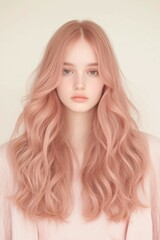 Naklejka premium Portrait of a Woman with Flowing Wavy Hair and a Delicate Look