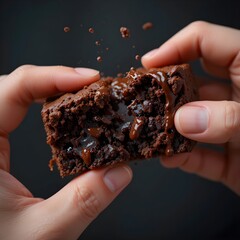 A hand breaking apart a gooey chocolate brownie, revealing the fudgy inside. Generative AI