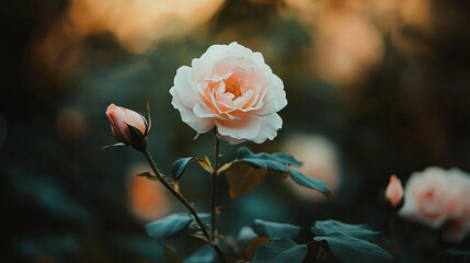 Obraz premium Beautiful garden blooms with delicate pink roses in a serene setting during golden hour