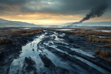 Obraz premium Muddy Tracks at Sunrise Industrial Pollution and Environmental Degradation in a Remote Landscape