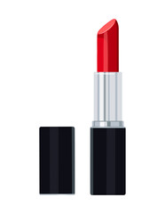 Obraz premium Red lipstick in case in a cartoon style. Vector illustration of luxury lipstick in black and silver tube isolated on white background. Lipstick for applying make-up. Cosmetic decorative product.