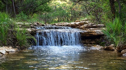 Obraz premium Tranquil creek waterfall nature scene, lush greenery backdrop, peaceful escape