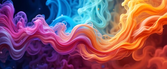 abstract background swirling liquid smoke weaving, colorful waves vibrant style in rainbow colors wide