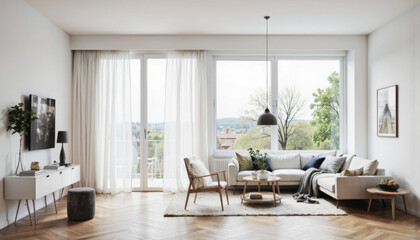 Modern scandinavian living room with large windows and minimalist decor