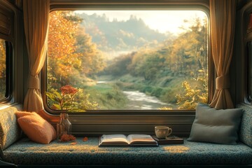 Autumnal Train Journey Cozy Window Seat with Book, Coffee, and Scenic View