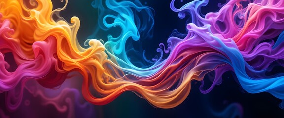 abstract background swirling liquid smoke weaving, colorful waves vibrant style in rainbow colors wide