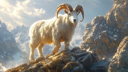 Fototapeta premium a majestic mountain goat with curved horns stands on a steep rocky cliff, displaying its strength and resilience in the challenging terrain of the alpine wilderness