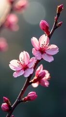 Obraz premium delicate petals unfurl from soft pink blossoms on a slender tree branch, flowering trees, blossoming, branches