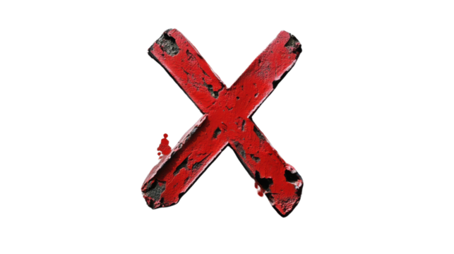 Big red cross sign showing rejection on transparent background