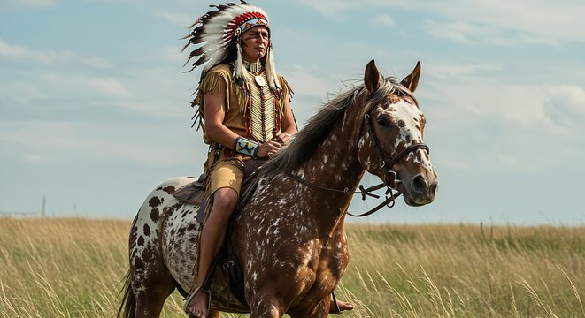A Native American warrior riding bareback on a strong Appaloosa horse.