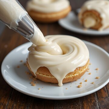 A piping bag filled with pastry cream, donut being covered with a swirl of glossy icing.queezing filling into &eacute;clairs. Generative AI 