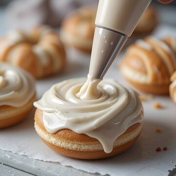 A piping bag filled with pastry cream, donut being covered with a swirl of glossy icing.queezing filling into &eacute;clairs. Generative AI