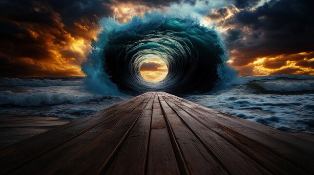 This stunning image showcases an enormous ocean wave, resembling a portal, crashing with dramatic flair against a vibrant sunset backdrop, emphasizing nature's raw power and beauty.