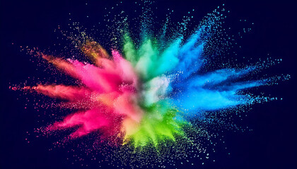 Fototapeta premium Dry powder paint thrown into the air in a symmetrical burst, with bold shades of electric blue, neon pink, and lime green