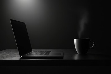 Fototapeta premium Dark Minimalist Laptop and Coffee Night Work, Productivity, and Relaxation