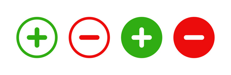 Green plus and Red minus symbols, Positive an negative solid thin line vector signs. Mathematical symbols, add, subtract, right and wrong, pros and cons. Vector Illustration.