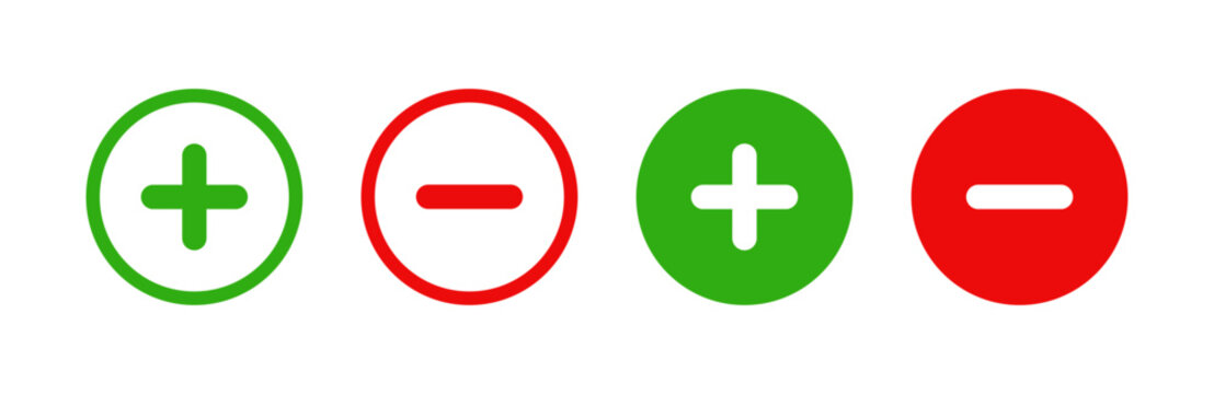 Green plus and Red minus symbols, Positive an negative solid thin line vector signs. Mathematical symbols, add, subtract, right and wrong, pros and cons. Vector Illustration.