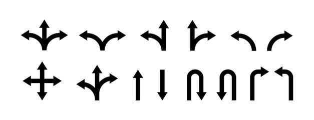 Road or way direction arrow sign vector icon set. One-way, Two-way, Three-way direction arrow sign. Fork sign, Way pointer symbol. Turn arrow navigation sign. Traffic route. Vector illustration.
