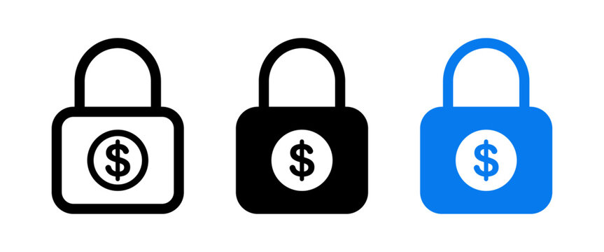 Fixed income, Lock dollar money icon set. Price Stability and Budget Lock Icons. Fixed Income and Economic Assurance Symbols with padlock and dollar symbol. Vector illustration.