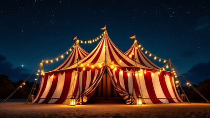 Large circus tent night red white striped pointed