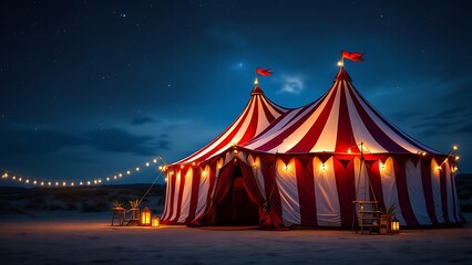Large circus tent night red white striped pointed