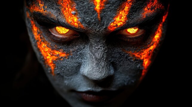 Woman with burning face and glowing eyes embodies the essence of fear