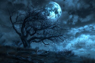Fantasy landscape with dead tree and full moon. Halloween background.