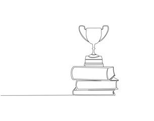 Continuous one line drawing of trophy on top stack of book. One line drawing illustration of trophy cup with stack of book combined. Combine art design concept single line. Editable outline