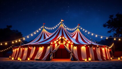 Large circus tent night red white striped pointed