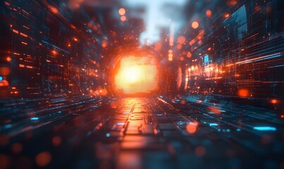 Abstract futuristic technology background with glowing lines and a central luminous sphere