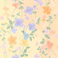 A light and playful floral pattern in pastel shades of peach, mint, lavender, and pale yellow, featuring small wildflowers, tiny roses, and gentle vines with soft, flowing shapes and a sense of moveme