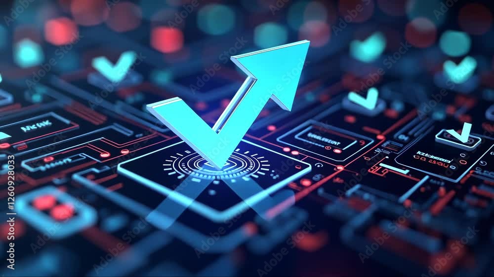 Poster blue arrow is placed on a blue background with red and blue squares. the arrow is pointing upwards, 