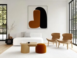 Modern Living Room Design Featuring Abstract Artwork, Stylish Furniture Arrangement, Cozy Minimalist Atmosphere, Natural