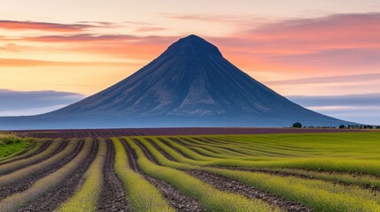 Naklejka premium Majestic Volcano at Sunset with Colorful Sky and Verdant Fields in Foreground Creates a Picturesque Landscape of Tranquility and Natural Beauty