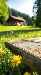 Naklejka premium Holztisch auf Blumenwiese mit rustikaler Berghütte im Hintergrund – Naturidylle 