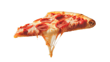 Pepperoni pizza slice featuring stretching mozzarella, crispy crust, and savory toppings against clean transparent backdrop