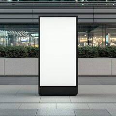 A blank advertising billboard stands prominently in an urban setting, surrounded by greenery and modern architecture.