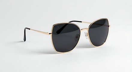 A trendy pair of oversized sunglasses with gold frames and dark lenses, displayed on a white backdrop.
